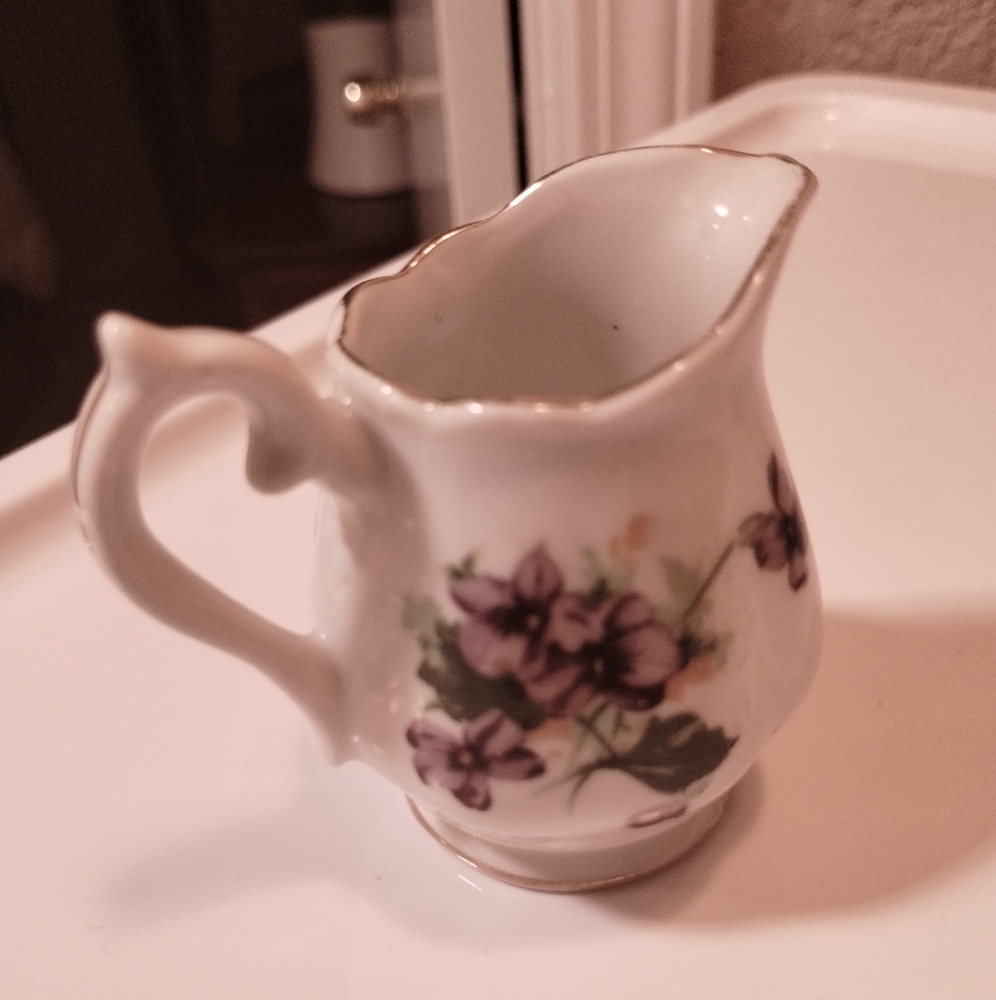 Floral Porcelain Small Creamer with Purple Flowers, #'s & Markings